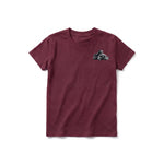 A maroon short-sleeve crewneck t-shirt for youth featuring a graphic of a dog on the left chest.