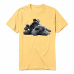 A mustard short-sleeve crewneck t-shirt for adult featuring a graphic of a dog on the front.