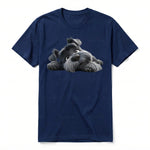 A navy short-sleeve crewneck t-shirt for adult featuring a graphic of a dog on the front.