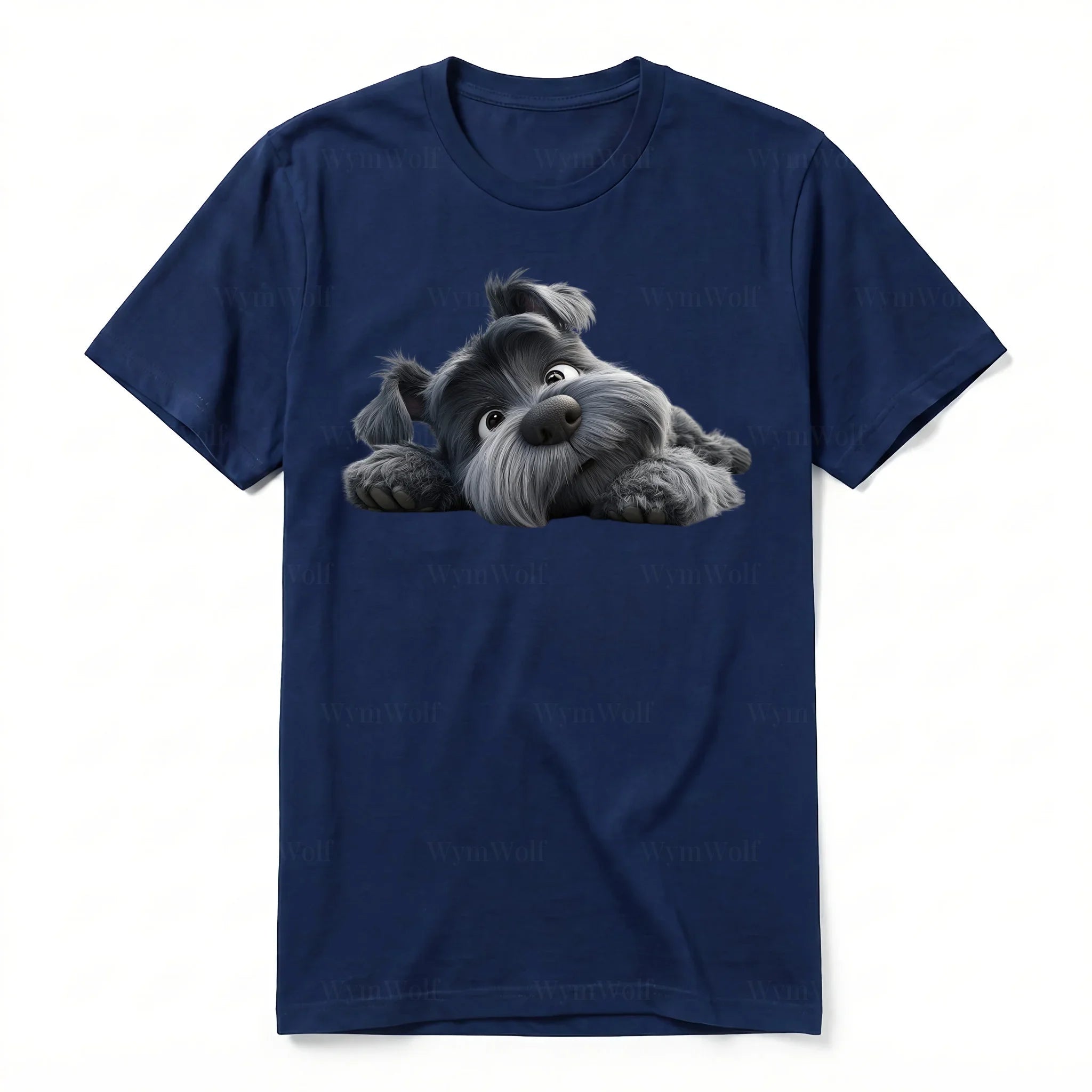 A navy short-sleeve crewneck t-shirt for adult featuring a graphic of a dog on the front.