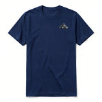 A navy short-sleeve crewneck t-shirt for adult featuring a graphic of a dog on the left chest.