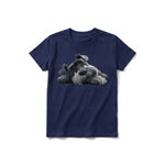 A navy short-sleeve crewneck t-shirt for youth featuring a graphic of a dog on the front.