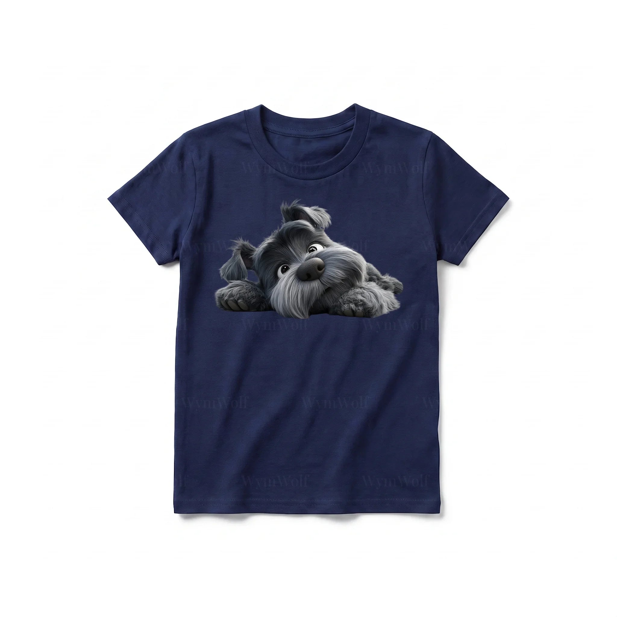 A navy short-sleeve crewneck t-shirt for youth featuring a graphic of a dog on the front.