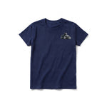 A navy short-sleeve crewneck t-shirt for youth featuring a graphic of a dog on the left chest.