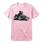 A pink short-sleeve crewneck t-shirt for adult featuring a graphic of a dog on the front.