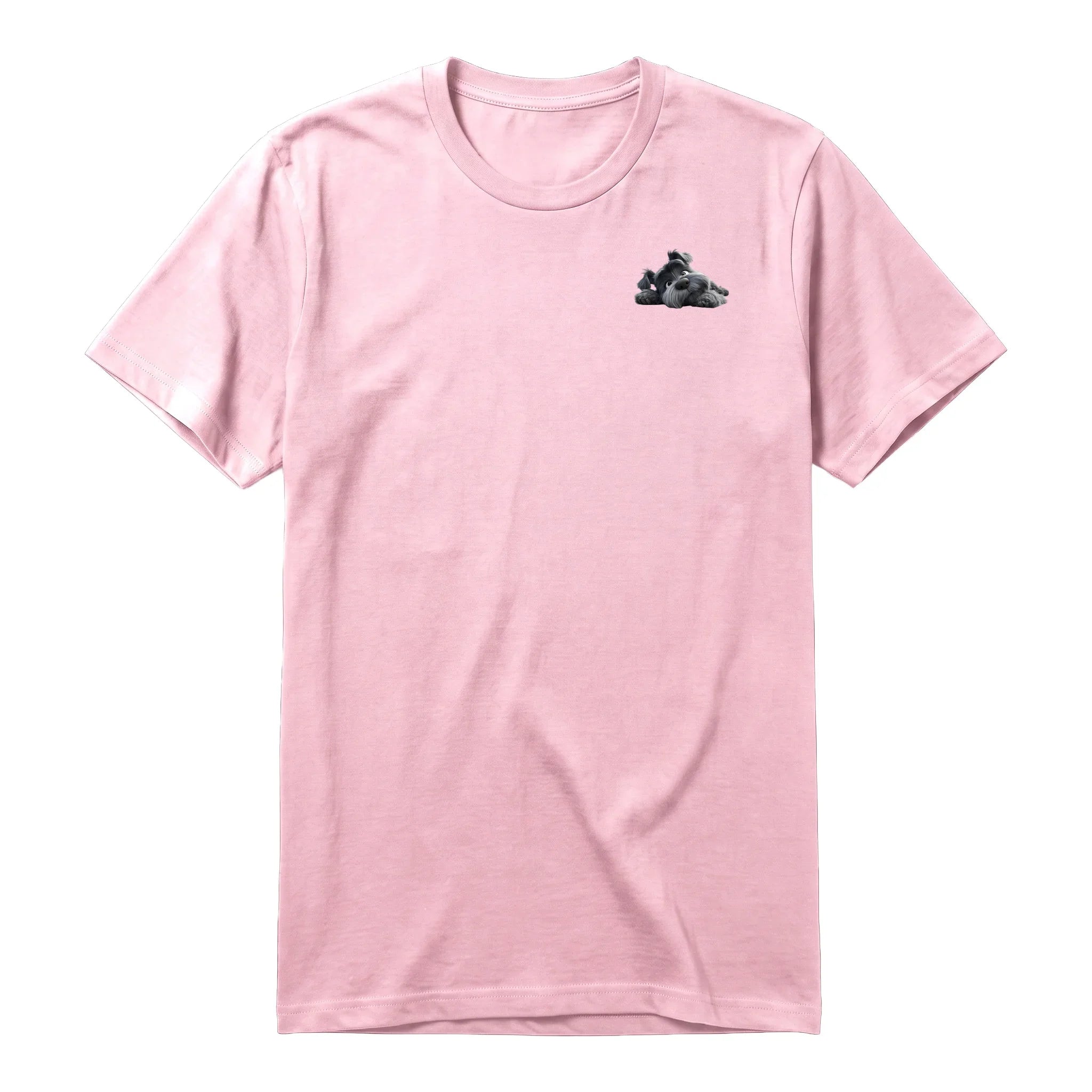 A pink short-sleeve crewneck t-shirt for adult featuring a graphic of a dog on the left chest.
