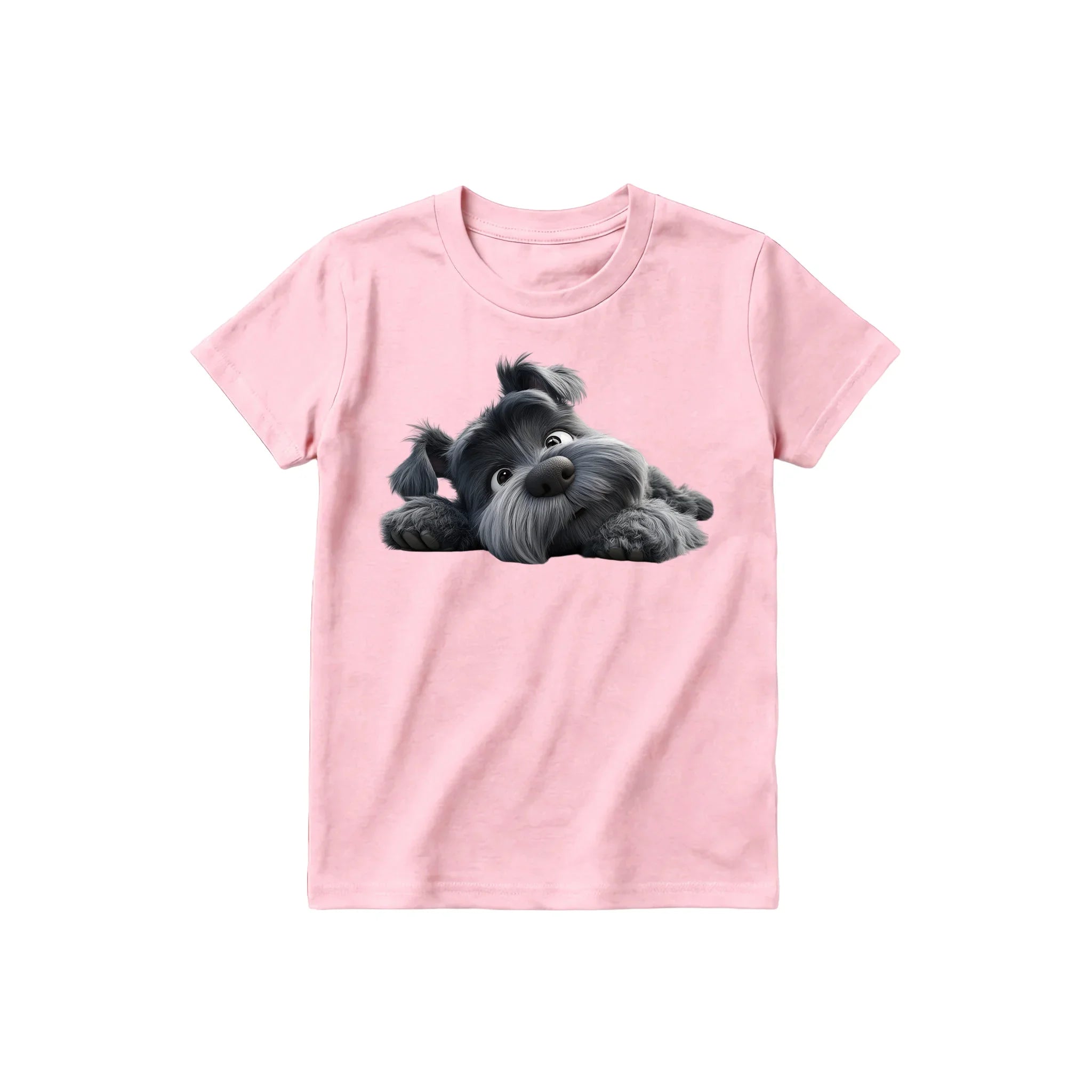 A pink short-sleeve crewneck t-shirt for youth featuring a graphic of a dog on the front.