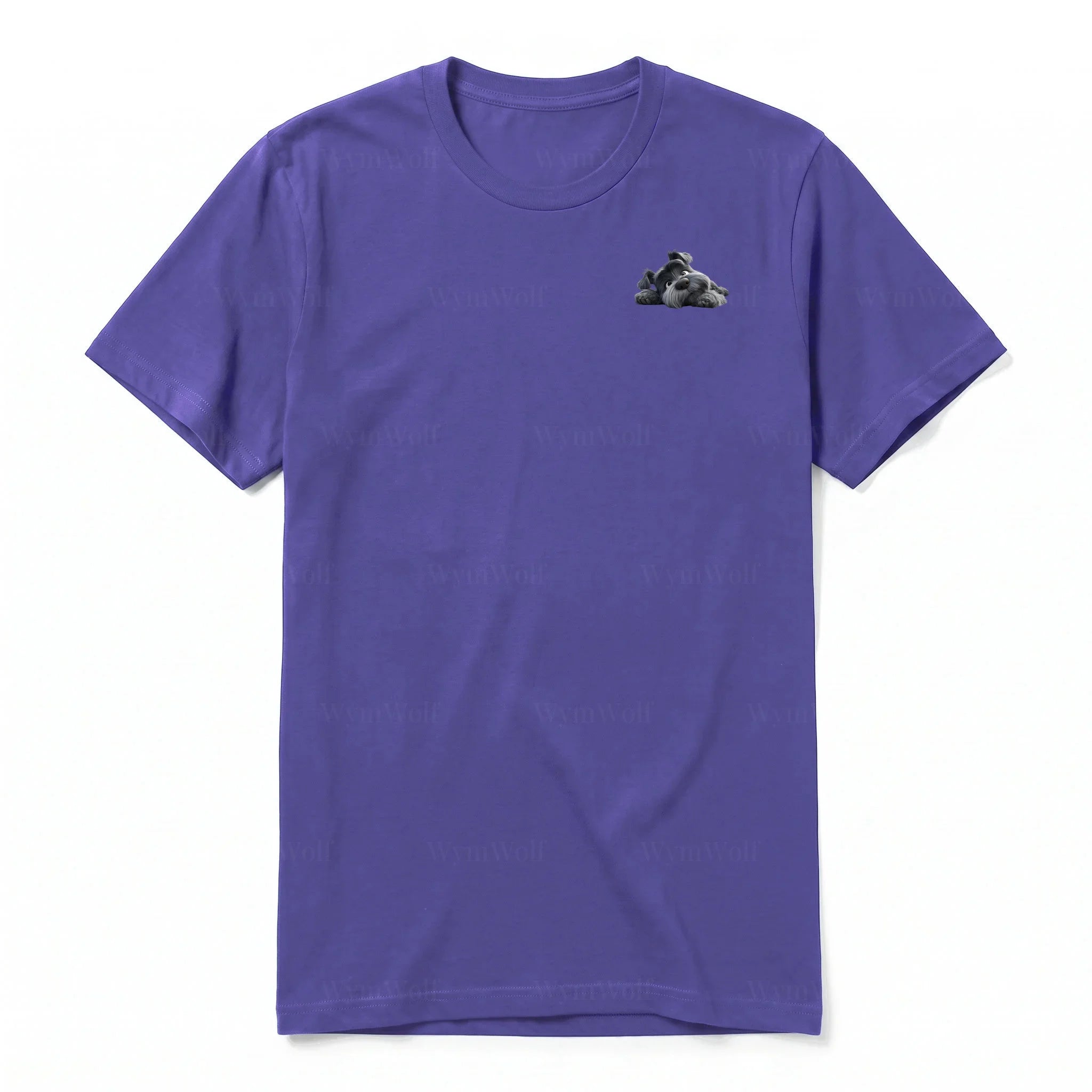 A purple short-sleeve crewneck t-shirt for adult featuring a graphic of a dog on the left chest.