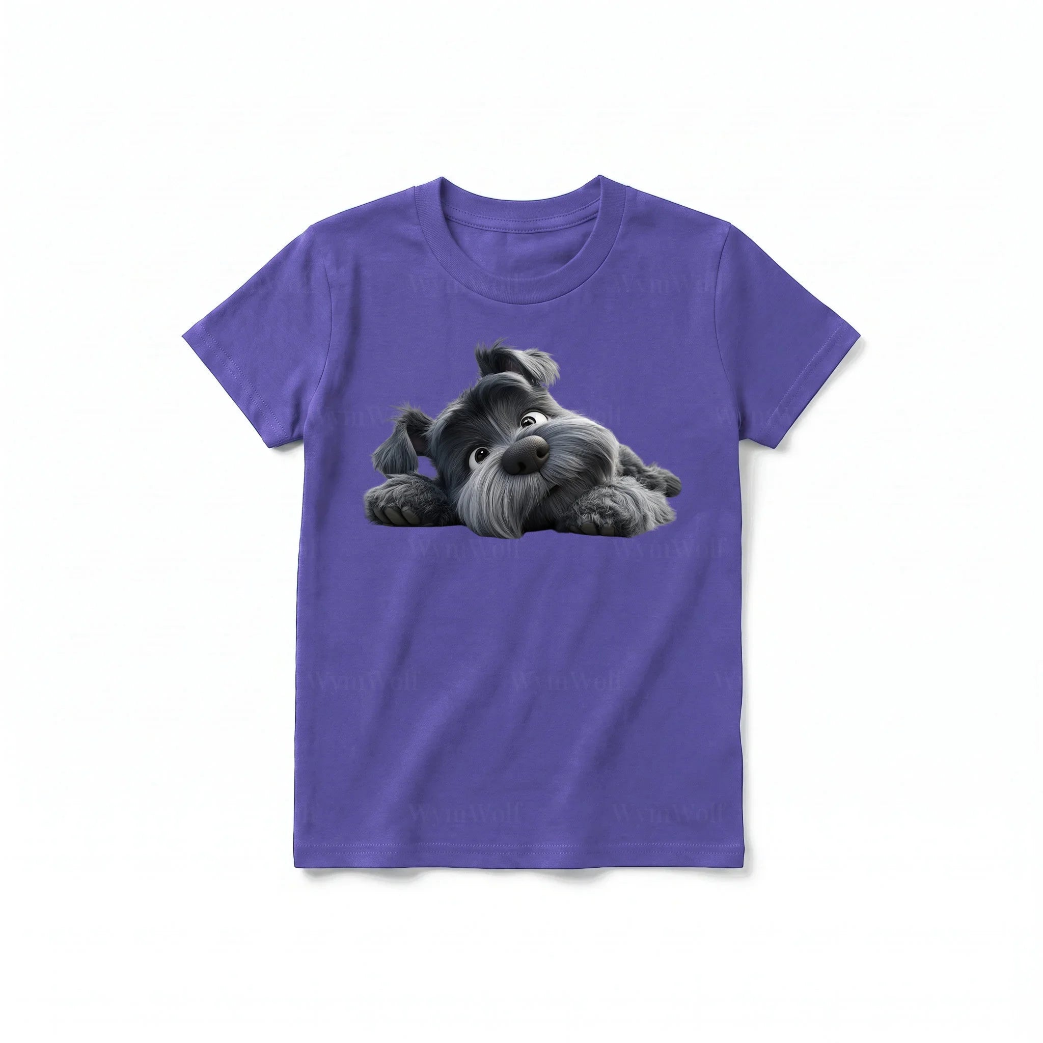 A purple short-sleeve crewneck t-shirt for youth featuring a graphic of a dog on the front.