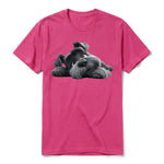 A raspberry short-sleeve crewneck t-shirt for adult featuring a graphic of a dog on the front.