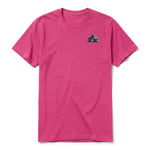 A raspberry short-sleeve crewneck t-shirt for adult featuring a graphic of a dog on the left chest.