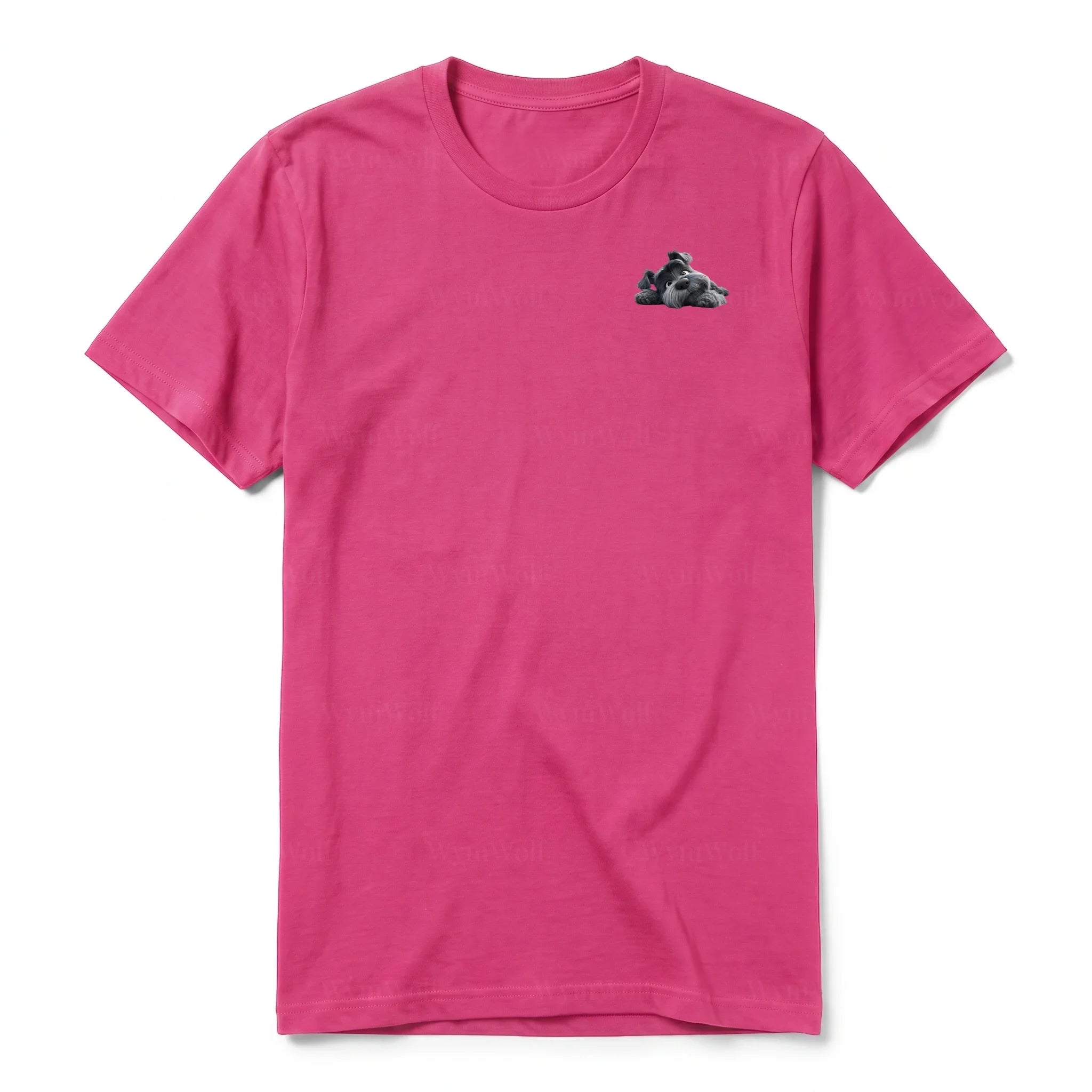 A raspberry short-sleeve crewneck t-shirt for adult featuring a graphic of a dog on the left chest.