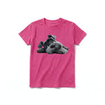 A raspberry short-sleeve crewneck t-shirt for youth featuring a graphic of a dog on the front.