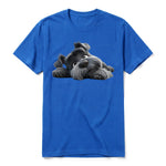 A royal short-sleeve crewneck t-shirt for adult featuring a graphic of a dog on the front.