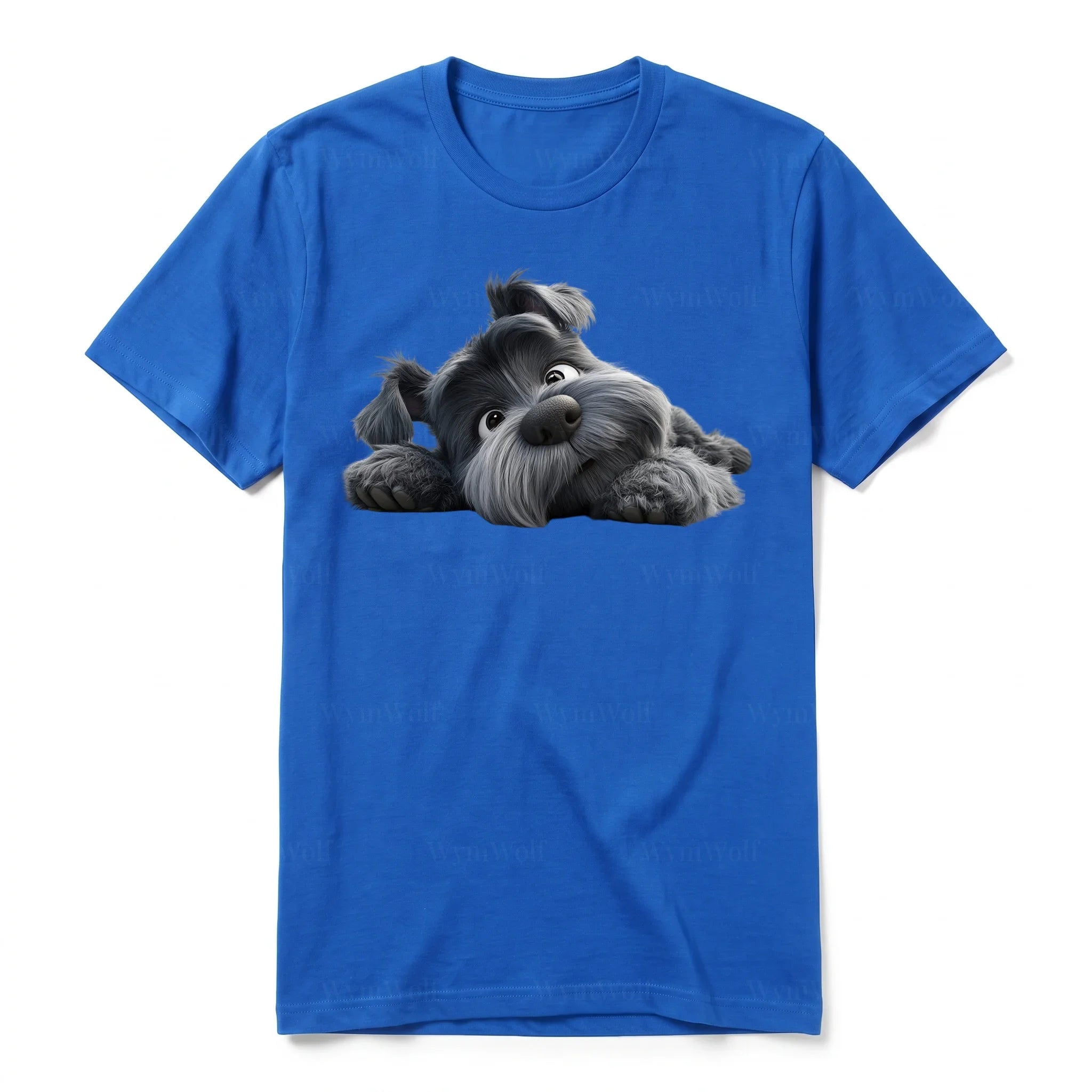 A royal short-sleeve crewneck t-shirt for adult featuring a graphic of a dog on the front.