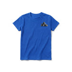 A royal short-sleeve crewneck t-shirt for youth featuring a graphic of a dog on the left chest.