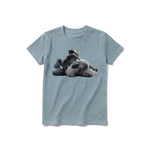A sage short-sleeve crewneck t-shirt for youth featuring a graphic of a dog on the front.