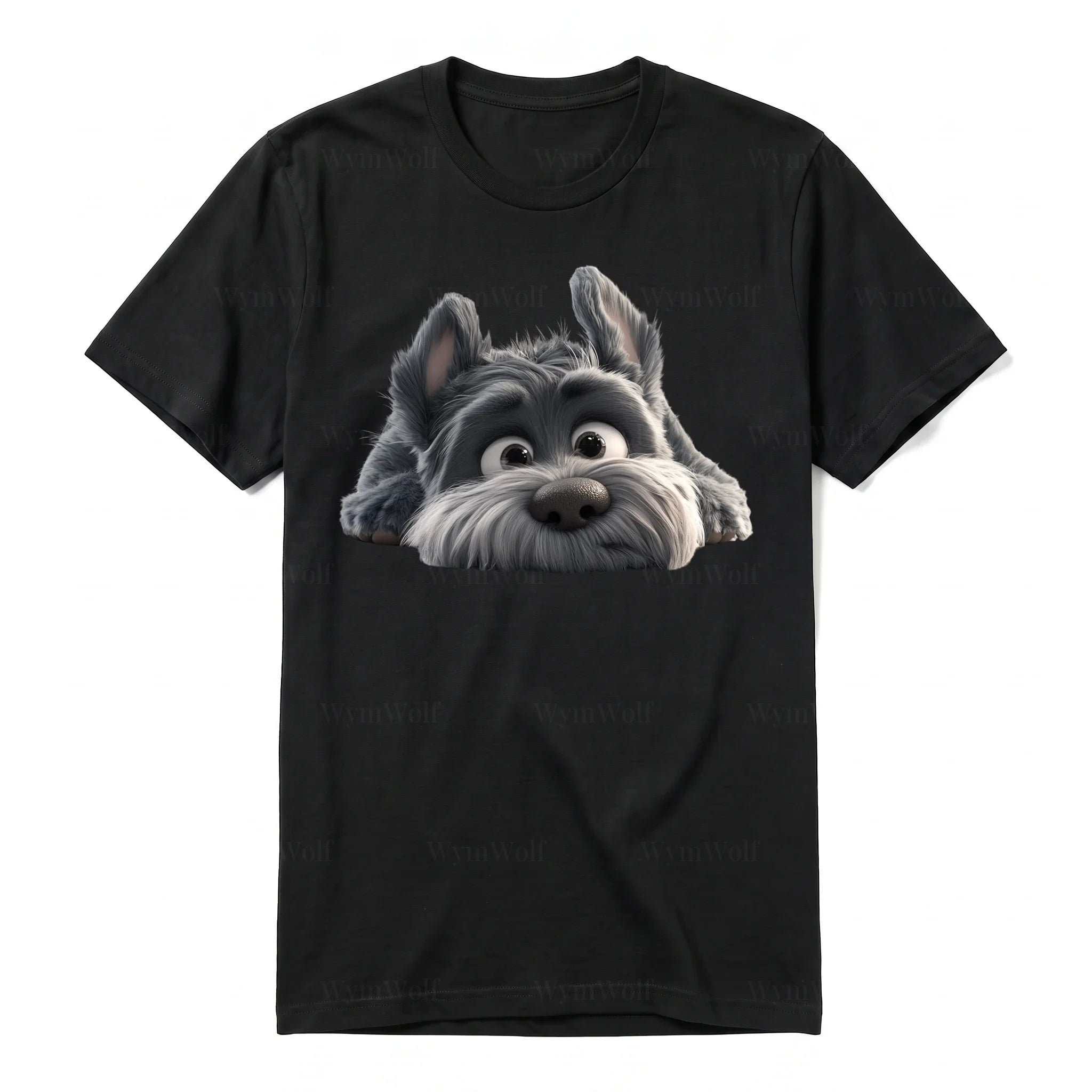 A black short-sleeve crewneck t-shirt for adult featuring a graphic of a dog on the front.