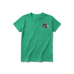 Un T-shirt kelly à manches courtes et col rond pour jeune, orné d'un motif représentant un chien sur la poitrine gauche.