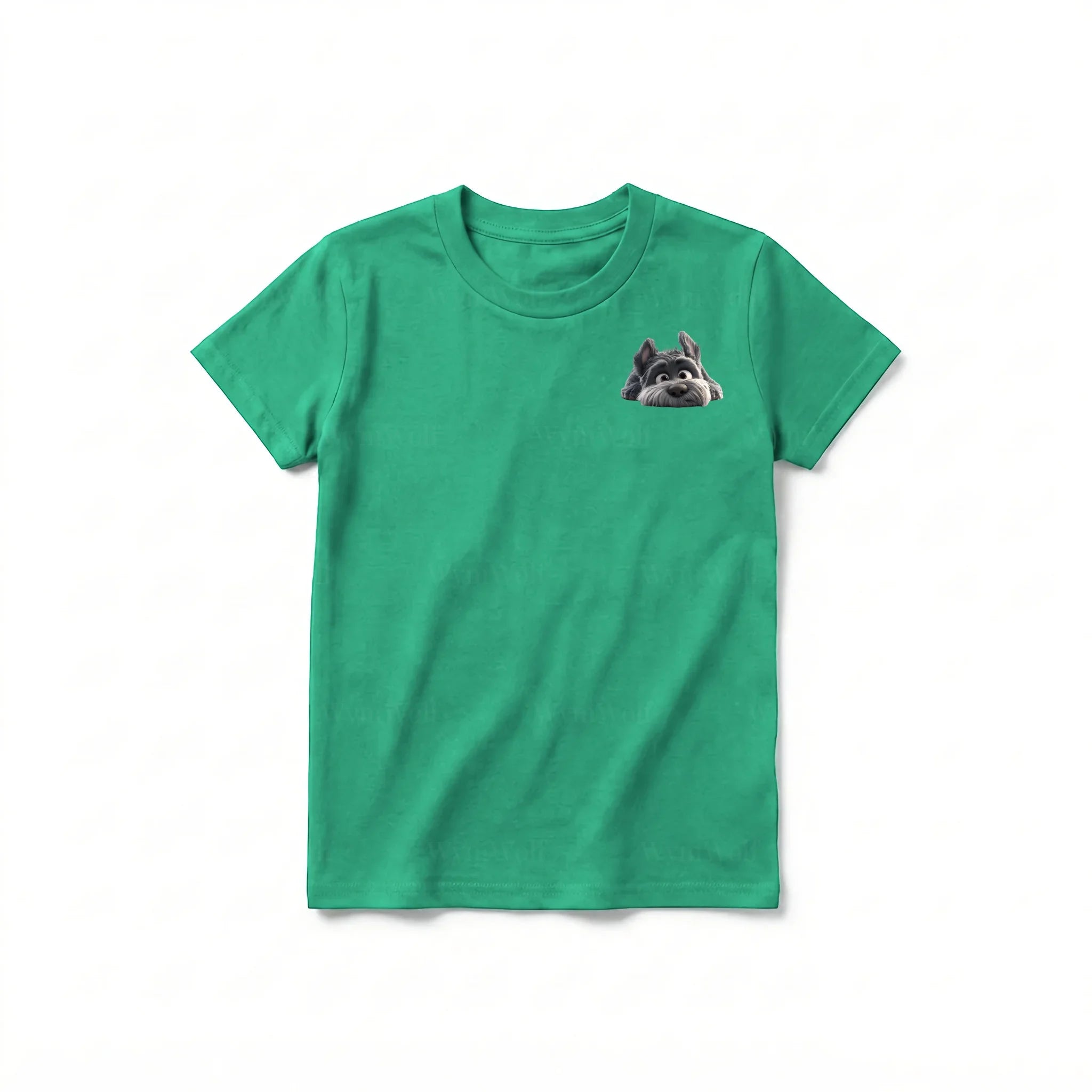Un T-shirt kelly à manches courtes et col rond pour jeune, orné d'un motif représentant un chien sur la poitrine gauche.