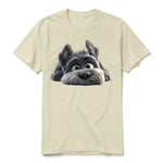 A latte short-sleeve crewneck t-shirt for adult featuring a graphic of a dog on the front.
