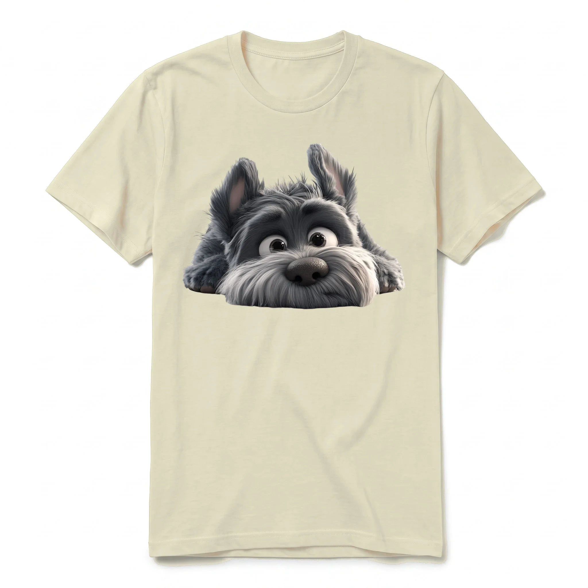 A latte short-sleeve crewneck t-shirt for adult featuring a graphic of a dog on the front.
