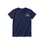 A navy short-sleeve crewneck t-shirt for youth featuring a graphic of a dog on the left chest.