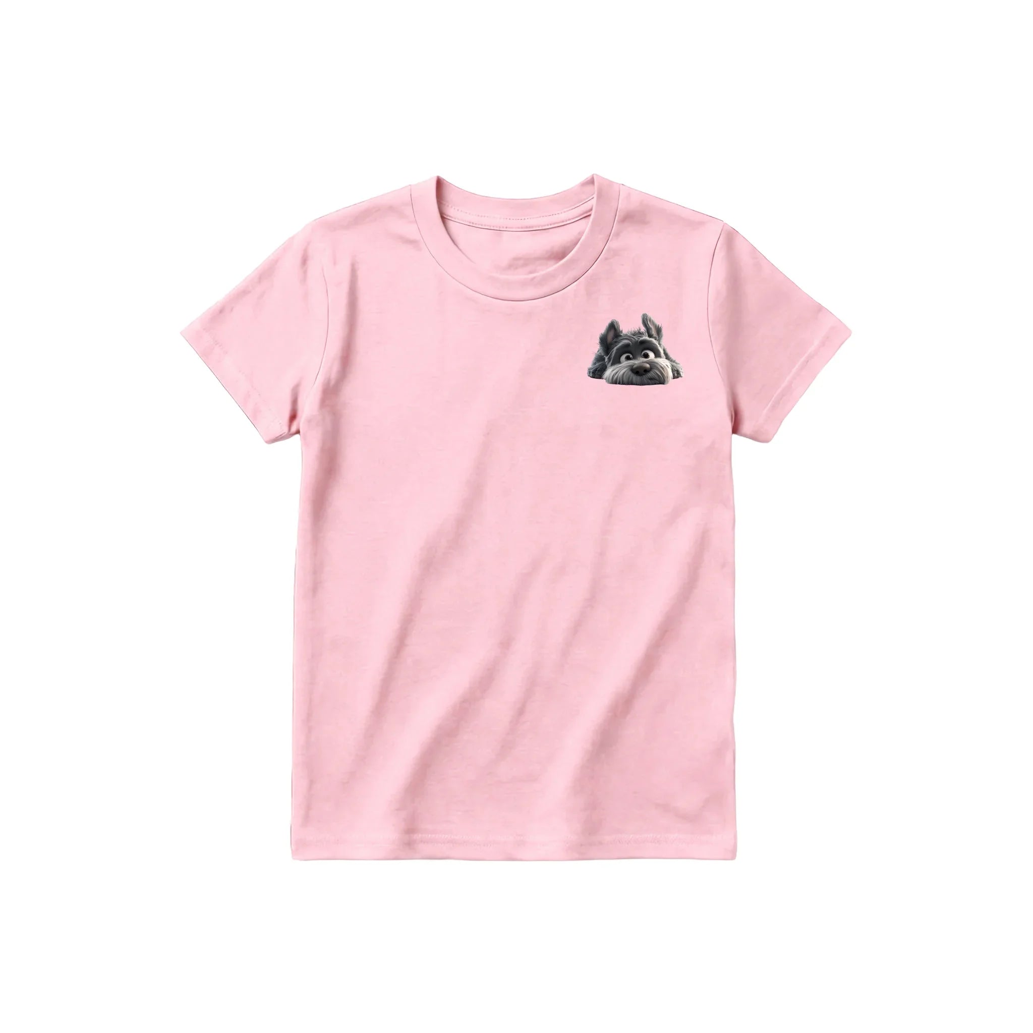 Un T-shirt rose à manches courtes et col rond pour jeune, orné d'un motif représentant un chien sur la poitrine gauche.