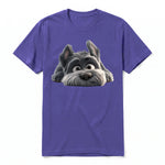 A purple short-sleeve crewneck t-shirt for adult featuring a graphic of a dog on the front.
