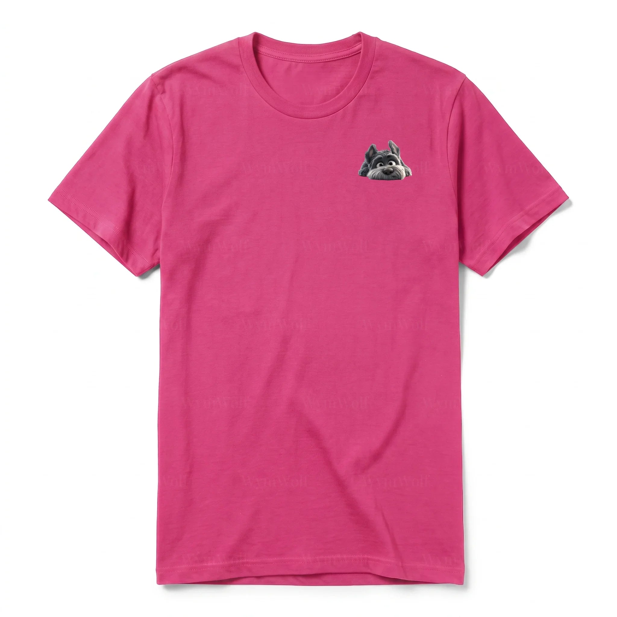 A raspberry short-sleeve crewneck t-shirt for adult featuring a graphic of a dog on the left chest.
