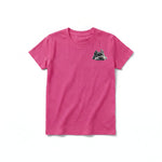 A raspberry short-sleeve crewneck t-shirt for youth featuring a graphic of a dog on the left chest.