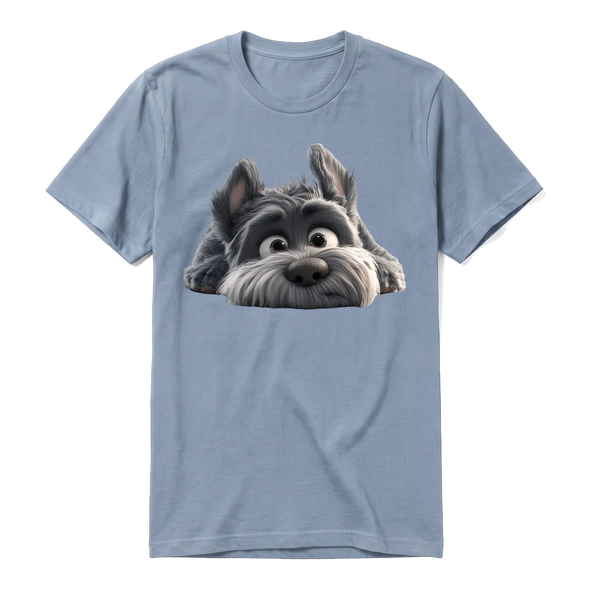 Un T-shirt steel-blue à manches courtes et col rond, orné d'un motif représentant un chien sur le devant.