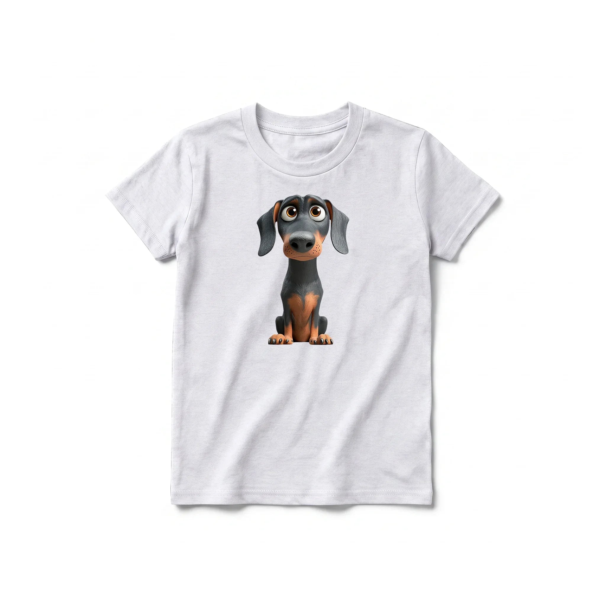 Un T-shirt gris cendré à manches courtes et col rond pour jeune, orné d'un motif représentant un chien sur le devant.