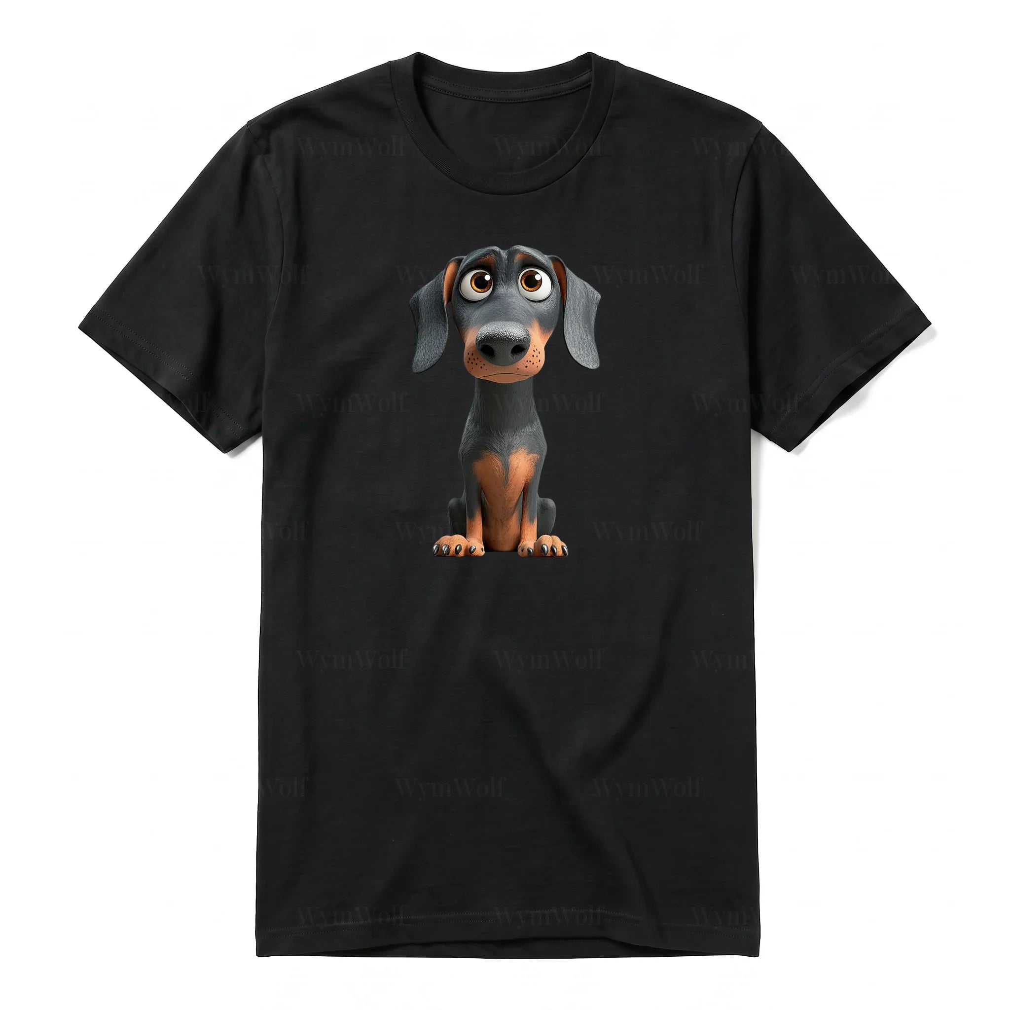 Un T-shirt noir à manches courtes et col rond, orné d'un motif représentant un chien sur le devant.
