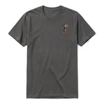 A charcoal short-sleeve crewneck t-shirt for adult featuring a graphic of a dog on the left chest.