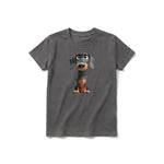 A charcoal short-sleeve crewneck t-shirt for youth featuring a graphic of a dog on the front.