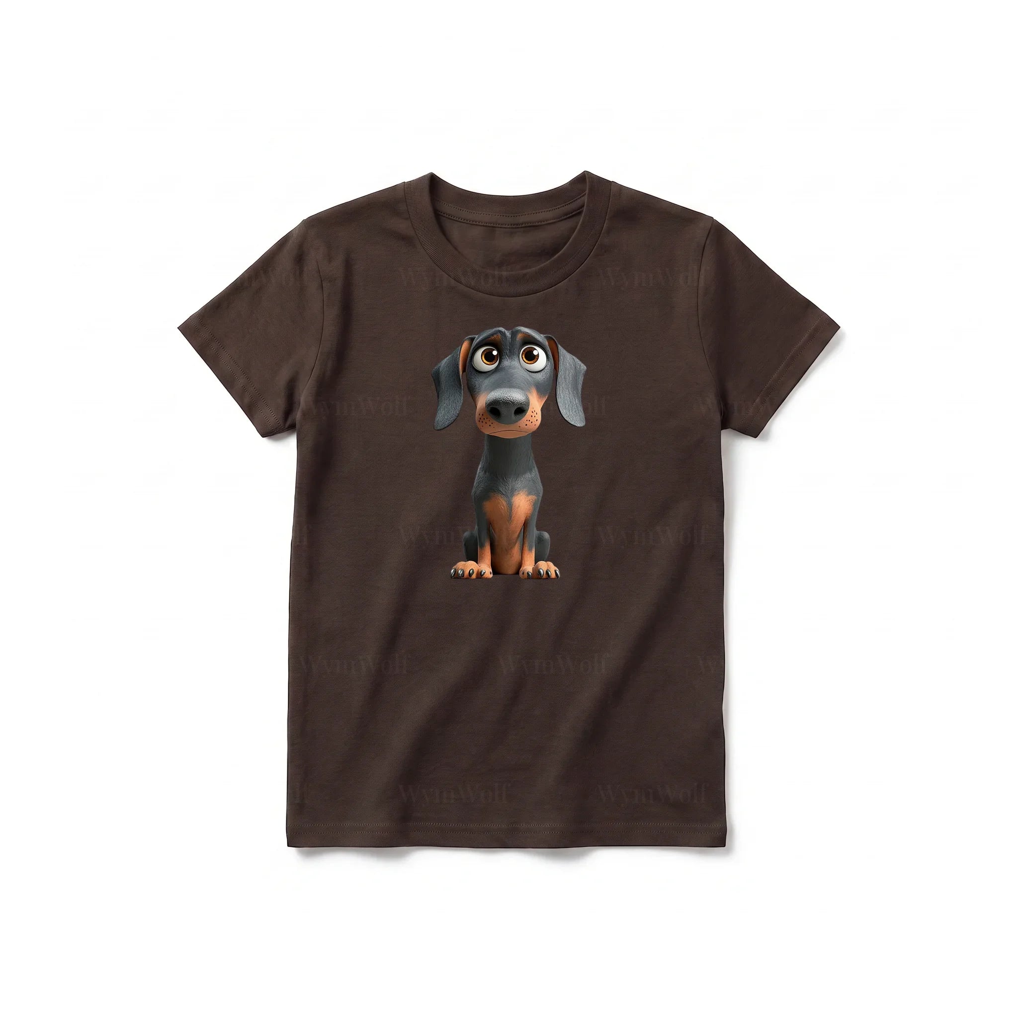 A chocolate short-sleeve crewneck t-shirt for youth featuring a graphic of a dog on the front.