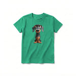 A kelly short-sleeve crewneck t-shirt for youth featuring a graphic of a dog on the front.