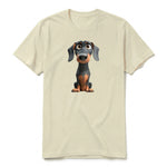 Un T-shirt latte à manches courtes et col rond, orné d'un motif représentant un chien sur le devant.
