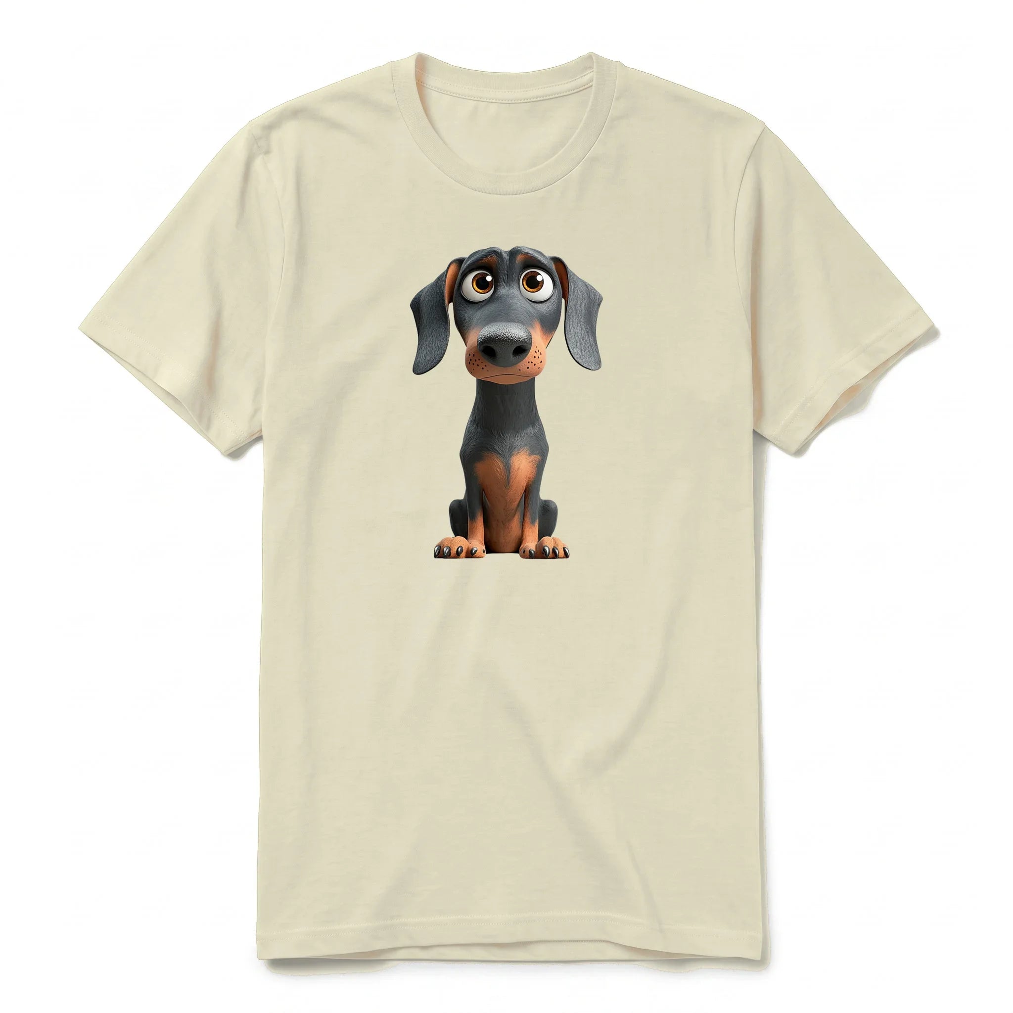 Un T-shirt latte à manches courtes et col rond, orné d'un motif représentant un chien sur le devant.