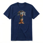 A navy short-sleeve crewneck t-shirt for adult featuring a graphic of a dog on the front.