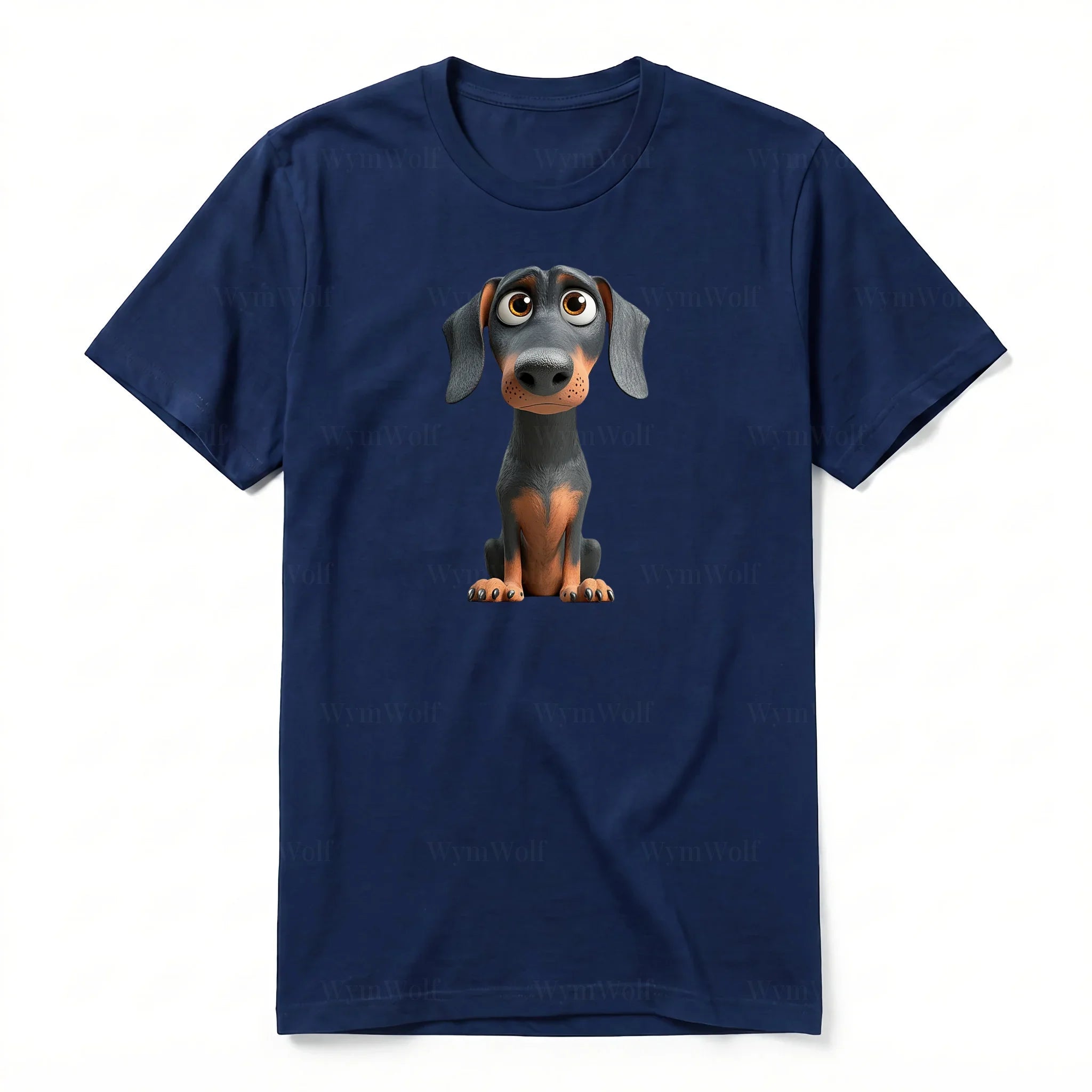 A navy short-sleeve crewneck t-shirt for adult featuring a graphic of a dog on the front.