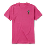 A raspberry short-sleeve crewneck t-shirt for adult featuring a graphic of a dog on the left chest.