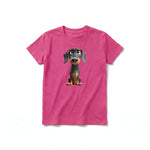 A raspberry short-sleeve crewneck t-shirt for youth featuring a graphic of a dog on the front.