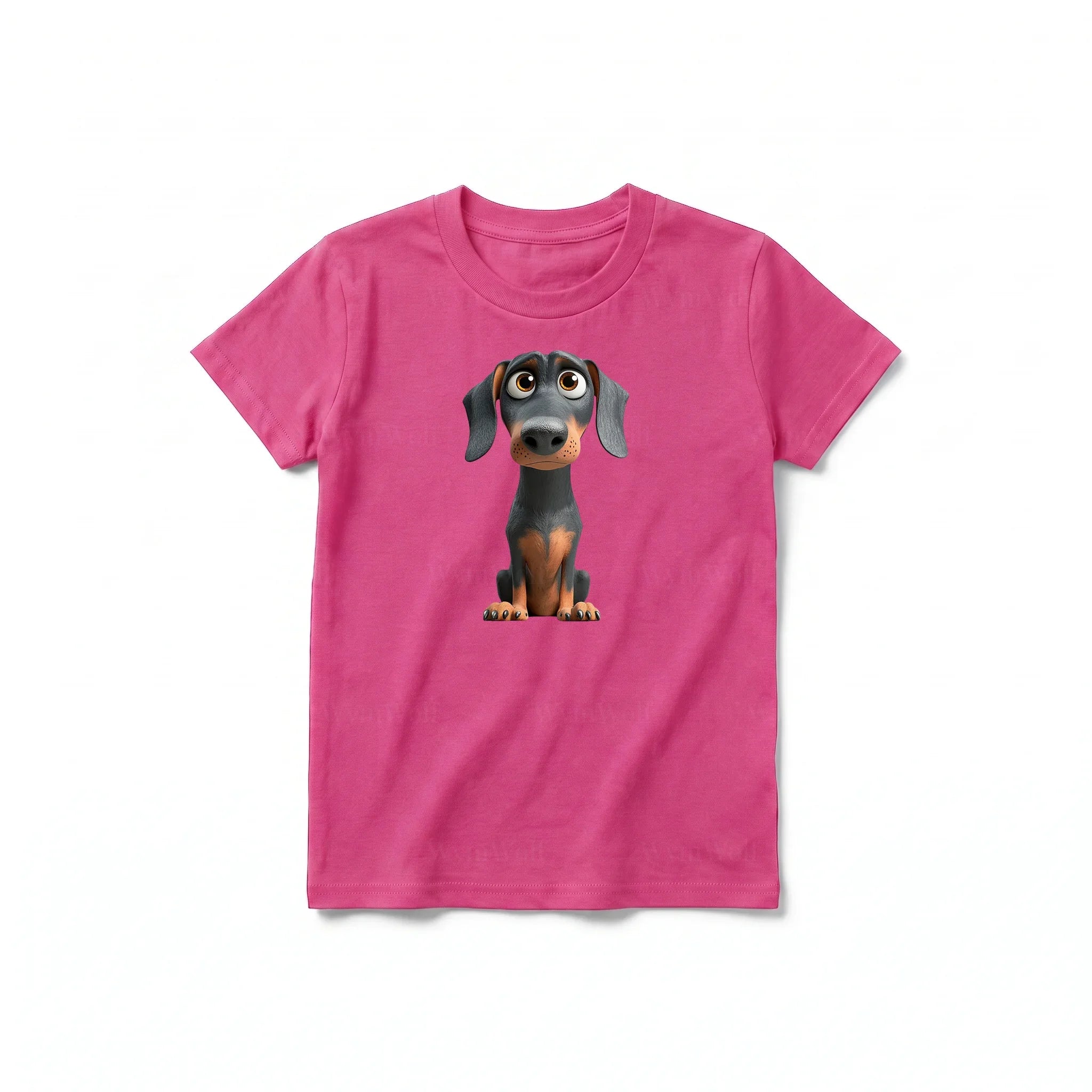 A raspberry short-sleeve crewneck t-shirt for youth featuring a graphic of a dog on the front.