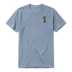 A steel-blue short-sleeve crewneck t-shirt for adult featuring a graphic of a dog on the left chest.