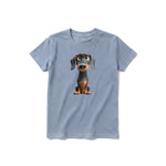 A steel-blue short-sleeve crewneck t-shirt for youth featuring a graphic of a dog on the front.