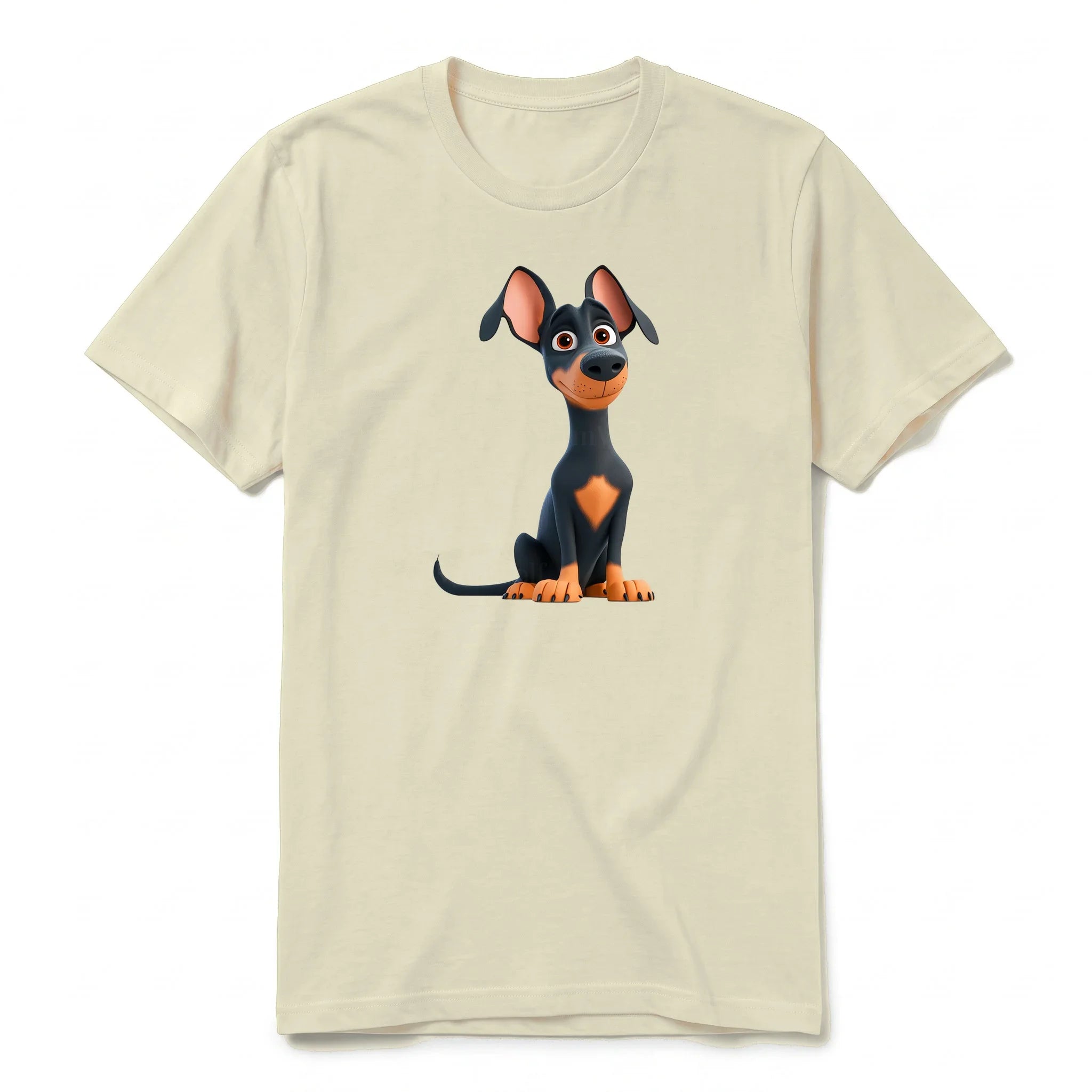 A latte short-sleeve crewneck t-shirt for adult featuring a graphic of a dog on the front.