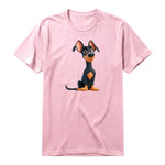 A pink short-sleeve crewneck t-shirt for adult featuring a graphic of a dog on the front.