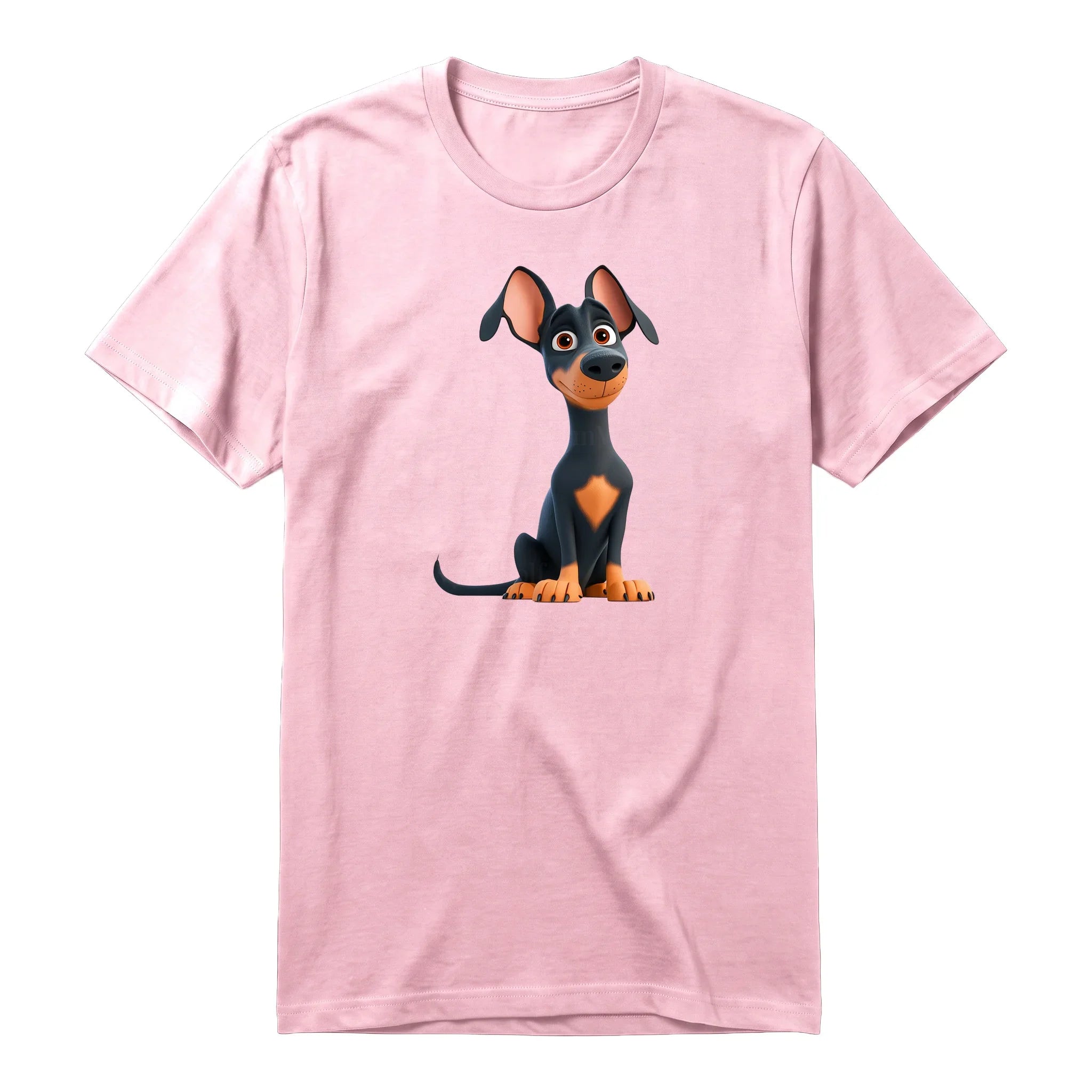A pink short-sleeve crewneck t-shirt for adult featuring a graphic of a dog on the front.